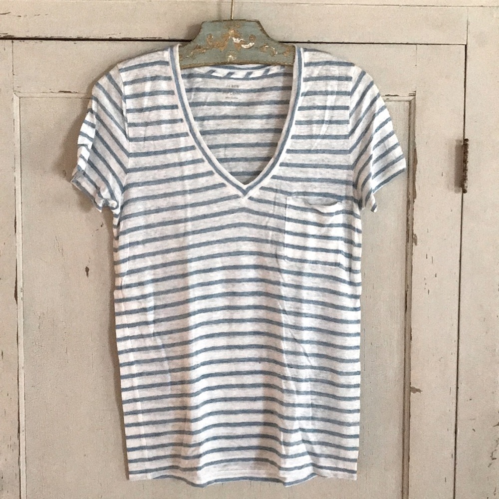 J. Crew Blue and White Striped Linen Tee